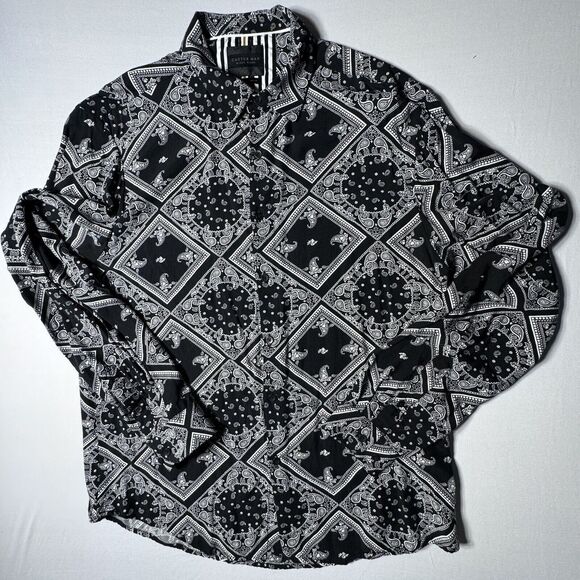 Cactus Man Ricky Singh Mens Shirt Large Black White Paisley Bandana Print Spring - Picture 2 of 11